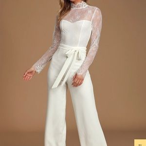 White Lace Mock Neck Long Sleeve Jumpsuit